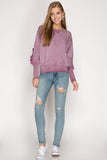 Long Sleeve Mineral Washed Top with Ruffled Sleeves in Dusty Mauve - Sweet as Jelly