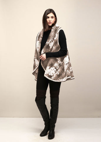 Floral Embossed Shawl Vest (Taupe/White) - Sweet as Jelly
