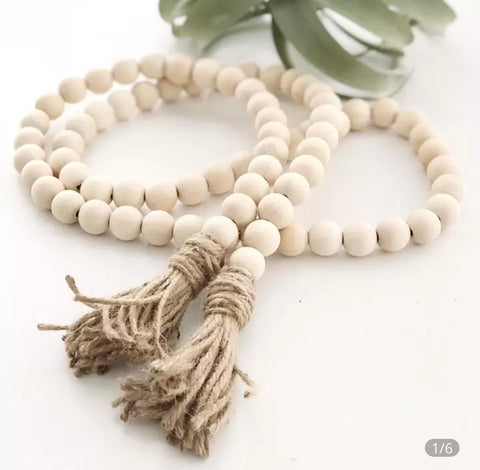 Wood Beaded Garland with Tassels - Natural